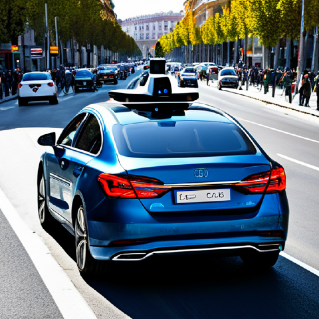 자율주행차 AI 알고리즘 - Autonomous Car Sensors in Madrid**
"A futuristic self-driving car navigating the Gran Vía in Madrid...
