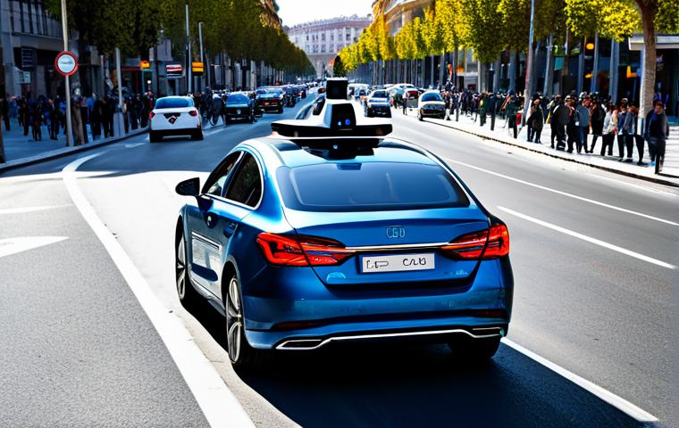 자율주행차 AI 알고리즘 - Autonomous Car Sensors in Madrid**

"A futuristic self-driving car navigating the Gran V&iacute;a in Madrid...