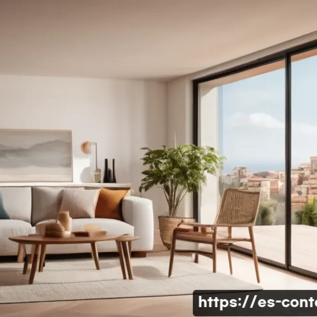 AI와 IoT 융합 사례 - A modern Spanish living room with smart home technology seamlessly integrated: sleek thermostat on t...