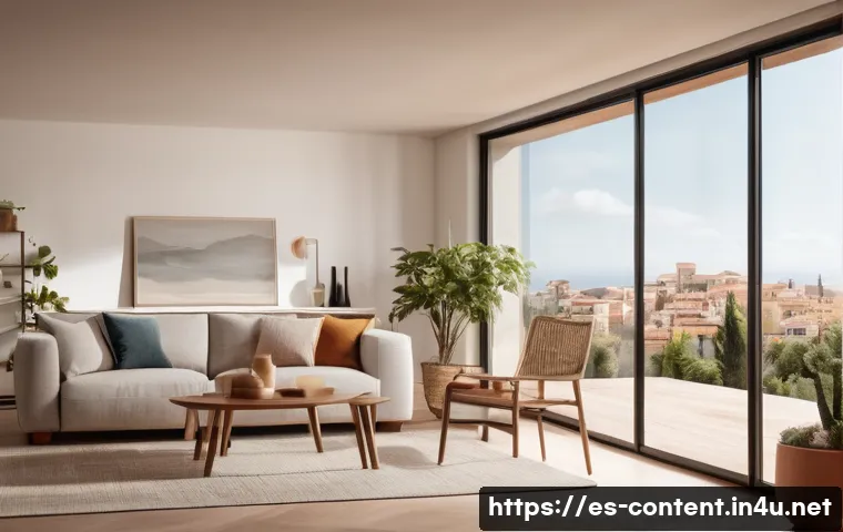AI와 IoT 융합 사례 - A modern Spanish living room with smart home technology seamlessly integrated: sleek thermostat on t...