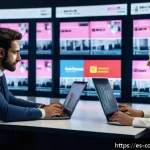 Home 23 AI 기반 뉴스 자동 생성 - A modern newsroom scene in Spain featuring diverse journalists working collaboratively with advanced...